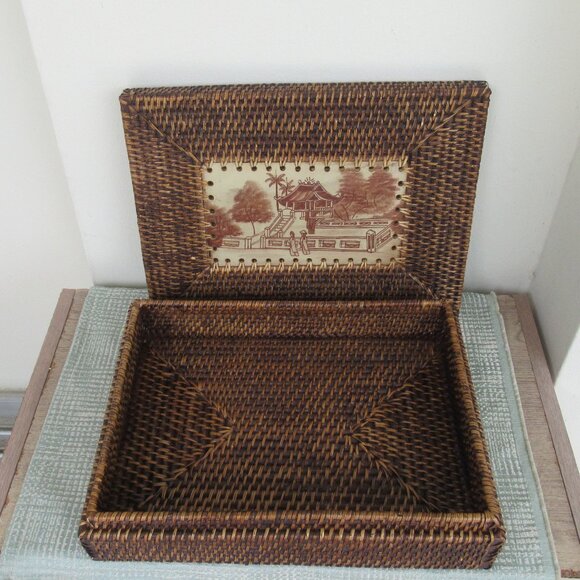 VTG Rattan Decorative LG Box w/ Lid and drawing ,Rectangular Woven for Display - Picture 6 of 16